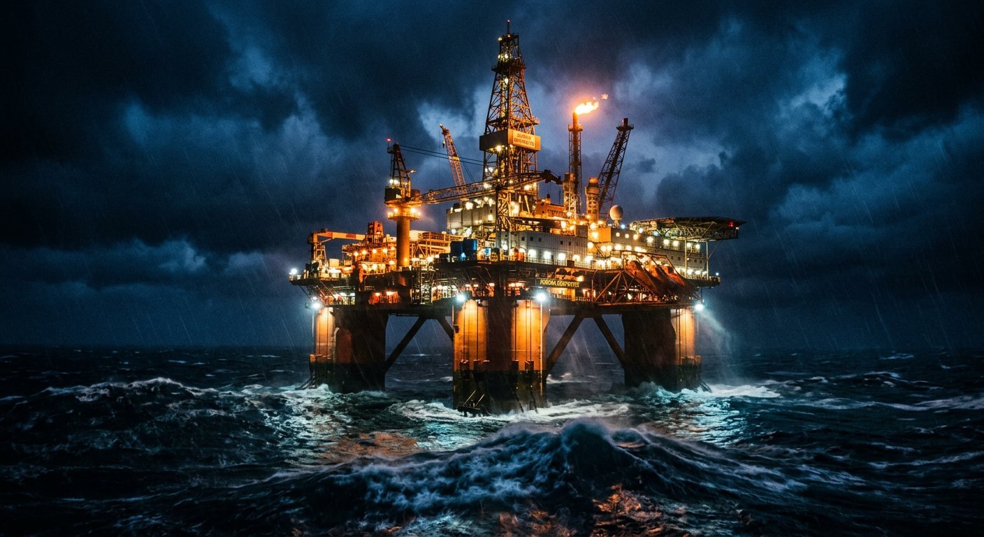 North Sea offshore platform at night